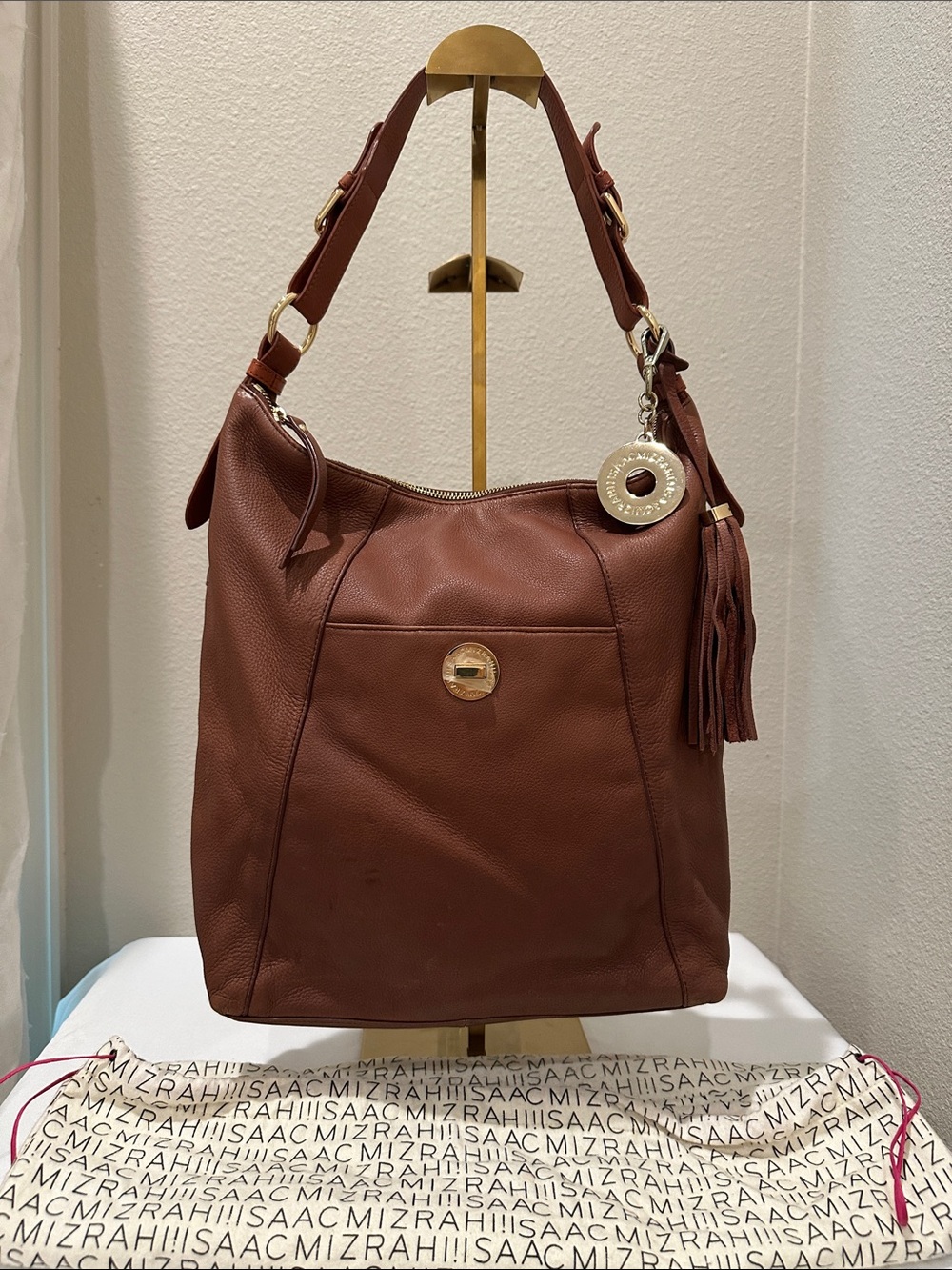 Isaac Mizrahi Chestnut Brown Pebbled Leather Shoulder Bag with GHW, Charms, & DB